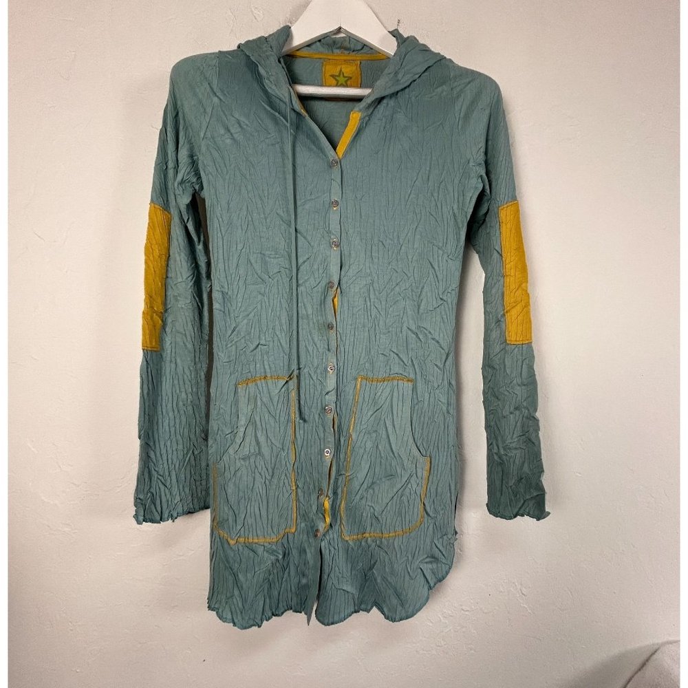Womens Crinkled Hooded Button-Up Longline Cardigan Sweater Teal Yellow Pockets